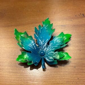 Vintage Teal Green Enamel Layered Maple Leaf Pin Brooch